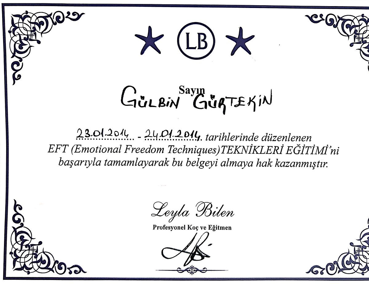 EFT (Emotional Freedom Techniques) Teknikleri Eğitimi katılım belgesi, Ocak 2014.