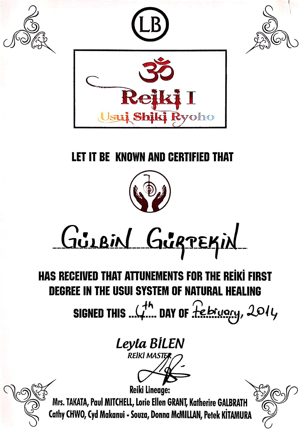 Reiki I — Usui Shiki Ryoho katılım belgesi, Şubat 2014.